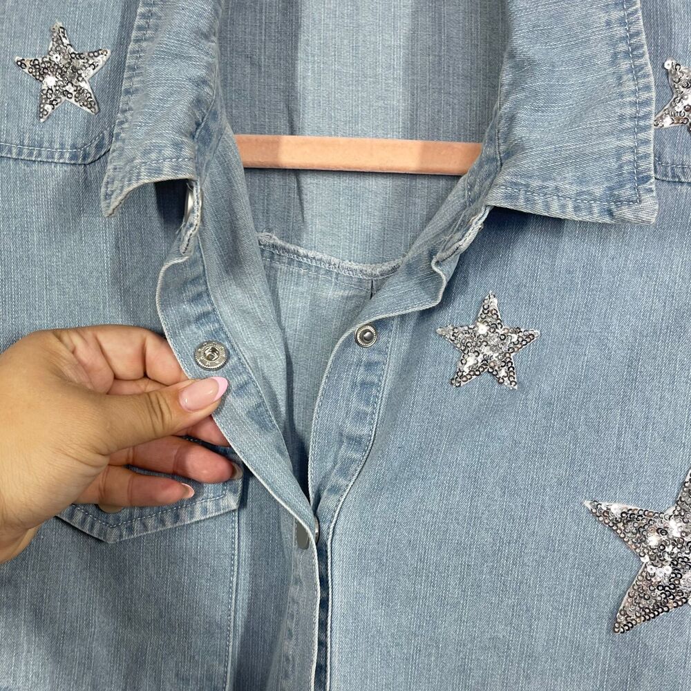 Cowgirl Shirt Women Large Cotton Snap Button Chambray Sequin Western Chic Top - Picture 8 of 13